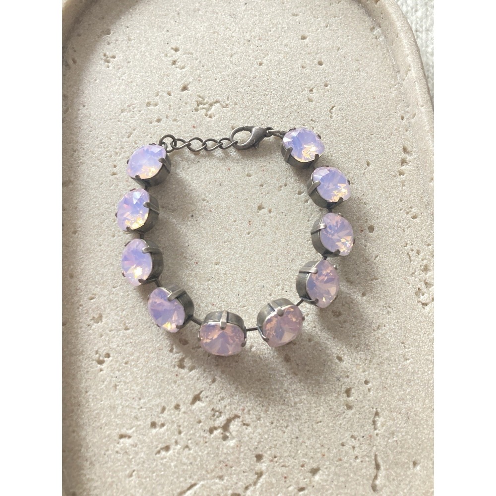 Pink Opaline Rhinestone Tennis Bracelet Gunmetal Silver Tone Romantic Fairy